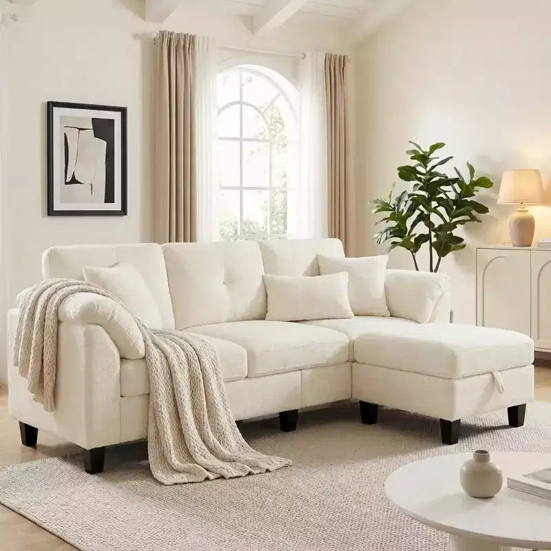 Dyonery 79 Canapé Sectionnel en Chenille en Forme de L Petit Canapé avec Accoudoirs Oreillers, Pouf de Rangement, Canapés 4 Places pour Salon, Appartement, Chambre