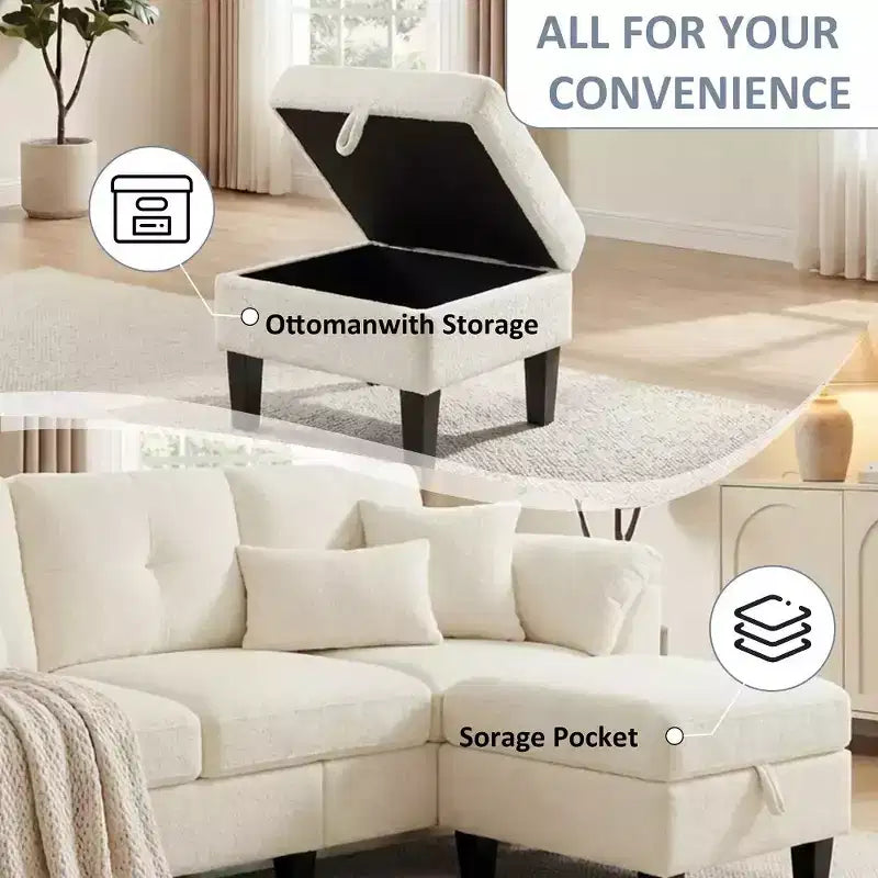 Dyonery 79 Canapé Sectionnel en Chenille en Forme de L Petit Canapé avec Accoudoirs Oreillers, Pouf de Rangement, Canapés 4 Places pour Salon, Appartement, Chambre