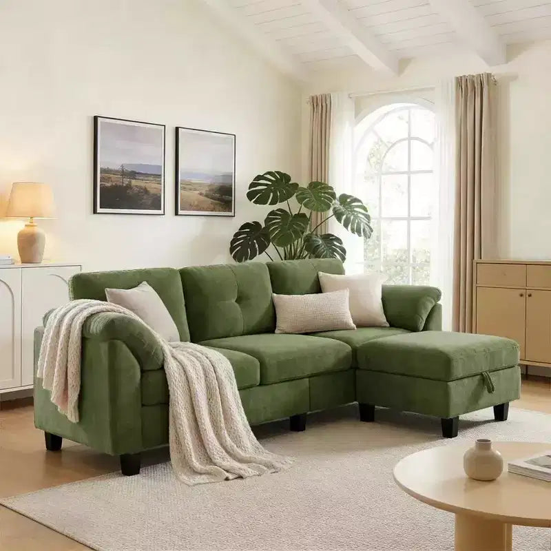 Dyonery 79 Canapé Sectionnel en Chenille en Forme de L Petit Canapé avec Accoudoirs Oreillers, Pouf de Rangement, Canapés 4 Places pour Salon, Appartement, Chambre