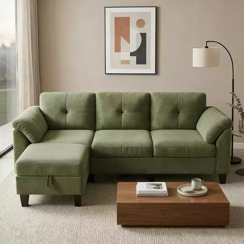 Dyonery 79 Canapé Sectionnel en Chenille en Forme de L Petit Canapé avec Accoudoirs Oreillers, Pouf de Rangement, Canapés 4 Places pour Salon, Appartement, Chambre