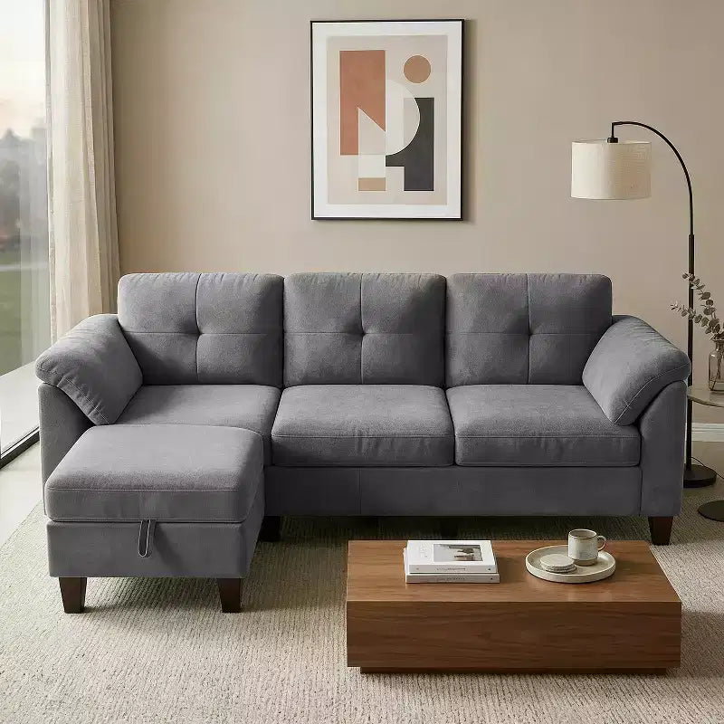 Dyonery 79 Canapé Sectionnel en Chenille en Forme de L Petit Canapé avec Accoudoirs Oreillers, Pouf de Rangement, Canapés 4 Places pour Salon, Appartement, Chambre