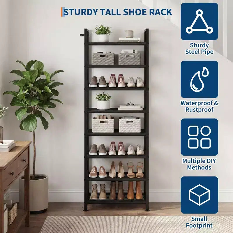 Meuble à chaussures fin et réglable avec cadre en métal et étagères en tissu - Organiseur de rangement de chaussures peu encombrant pour entrée et chambre à coucher