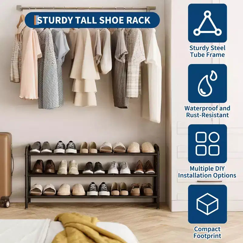 Meuble à chaussures fin et réglable avec cadre en métal et étagères en tissu - Organiseur de rangement de chaussures peu encombrant pour entrée et chambre à coucher