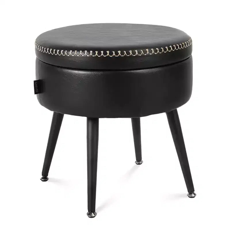 Ottoman de rangement et tabouret de coiffeuse – Siège rond en cuir synthétique avec surpiqûres, pieds en acier supportant 150 kg, repose-pieds et banc de chambre, noir