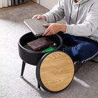Ottoman de rangement et tabouret de coiffeuse – Siège rond en cuir synthétique avec surpiqûres, pieds en acier supportant 150 kg, repose-pieds et banc de chambre, noir