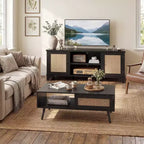 Living Room Table Sets of 2, Includes 47 Rattan TV Stand Storage Cabinet for 55 TV, Farmhouse Coffee Table with Storage Shelf for Bedroom