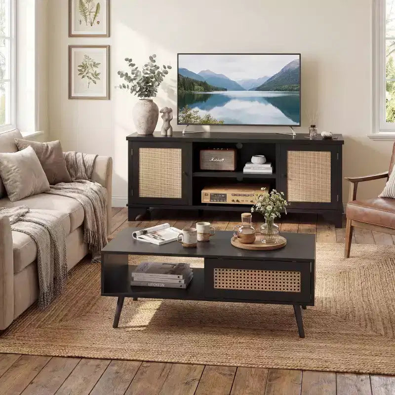 Living Room Table Sets of 2, Includes 47 Rattan TV Stand Storage Cabinet for 55 TV, Farmhouse Coffee Table with Storage Shelf for Bedroom