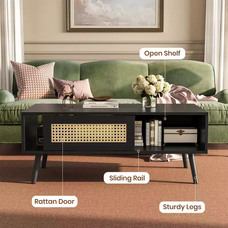 Ensembles de tables de salon de 2 pièces, inclut un meuble TV en rotin de 120 cm pour téléviseur de 55 pouces, une table basse de style ferme avec étagère de rangement pour chambre à coucher