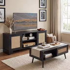 Ensembles de tables de salon de 2 pièces, inclut un meuble TV en rotin de 120 cm pour téléviseur de 55 pouces, une table basse de style ferme avec étagère de rangement pour chambre à coucher
