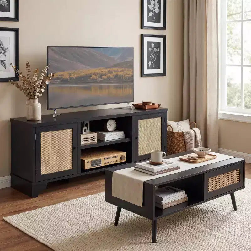 Ensembles de tables de salon de 2 pièces, inclut un meuble TV en rotin de 120 cm pour téléviseur de 55 pouces, une table basse de style ferme avec étagère de rangement pour chambre à coucher