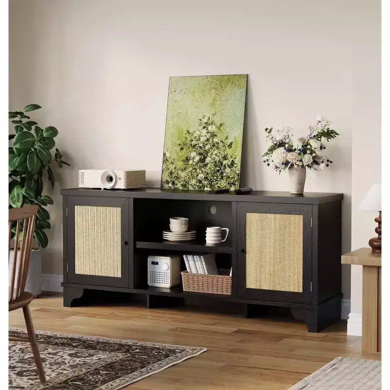 Ensembles de tables de salon de 2 pièces, inclut un meuble TV en rotin de 120 cm pour téléviseur de 55 pouces, une table basse de style ferme avec étagère de rangement pour chambre à coucher