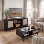 Ensembles de tables de salon de 2 pièces, inclut un meuble TV en rotin de 120 cm pour téléviseur de 55 pouces, une table basse de style ferme avec étagère de rangement pour chambre à coucher