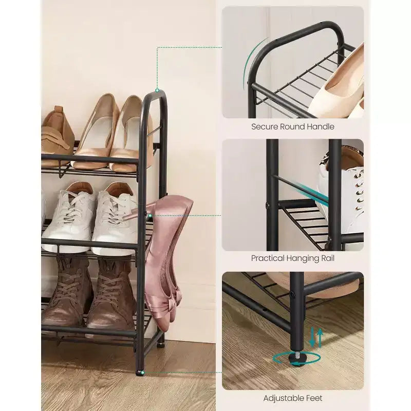 SONGMICS Étagère à chaussures empilable, Meuble à chaussures en métal à 4 niveaux, Peut contenir jusqu'à 20 paires, Étagères inclinées réglables pour petits espaces, Noir
