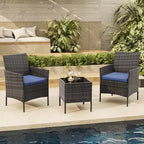 Ensemble de 3 meubles de patio extérieur, chaises en rotin PE avec coussins moelleux et table basse en verre trempé, ensemble de patio toutes saisons