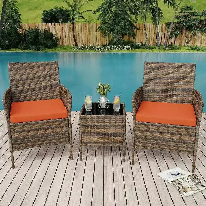 Ensemble de 3 meubles de patio extérieur, chaises en rotin PE avec coussins moelleux et table basse en verre trempé, ensemble de patio toutes saisons