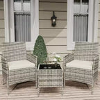 Ensemble de 3 meubles de patio extérieur, chaises en rotin PE avec coussins moelleux et table basse en verre trempé, ensemble de patio toutes saisons