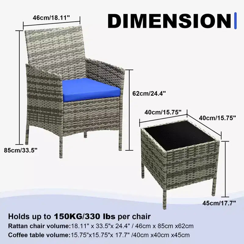 Ensemble de 3 meubles de patio extérieur, chaises en rotin PE avec coussins moelleux et table basse en verre trempé, ensemble de patio toutes saisons