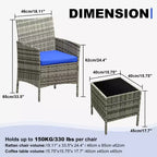 Ensemble de 3 meubles de patio extérieur, chaises en rotin PE avec coussins moelleux et table basse en verre trempé, ensemble de patio toutes saisons