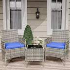 Ensemble de 3 meubles de patio extérieur, chaises en rotin PE avec coussins moelleux et table basse en verre trempé, ensemble de patio toutes saisons