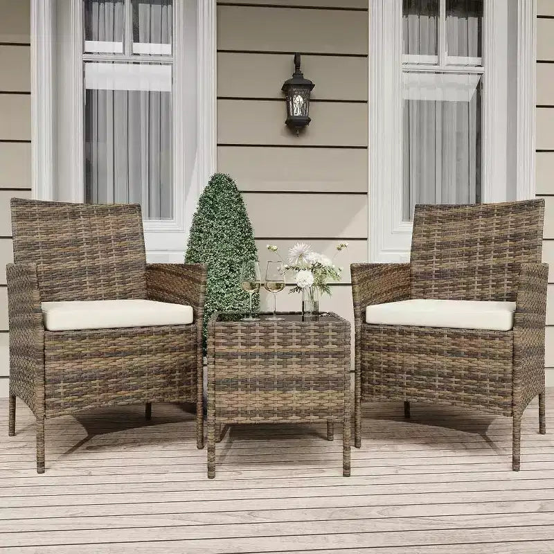 Ensemble de 3 meubles de patio extérieur, chaises en rotin PE avec coussins moelleux et table basse en verre trempé, ensemble de patio toutes saisons