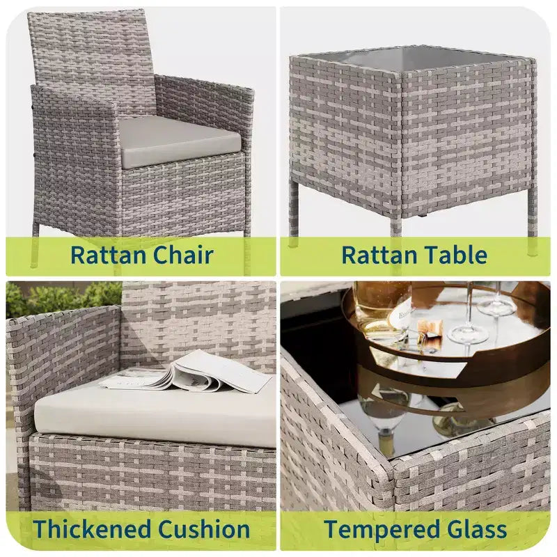 Ensemble de 3 meubles de patio extérieur, chaises en rotin PE avec coussins moelleux et table basse en verre trempé, ensemble de patio toutes saisons