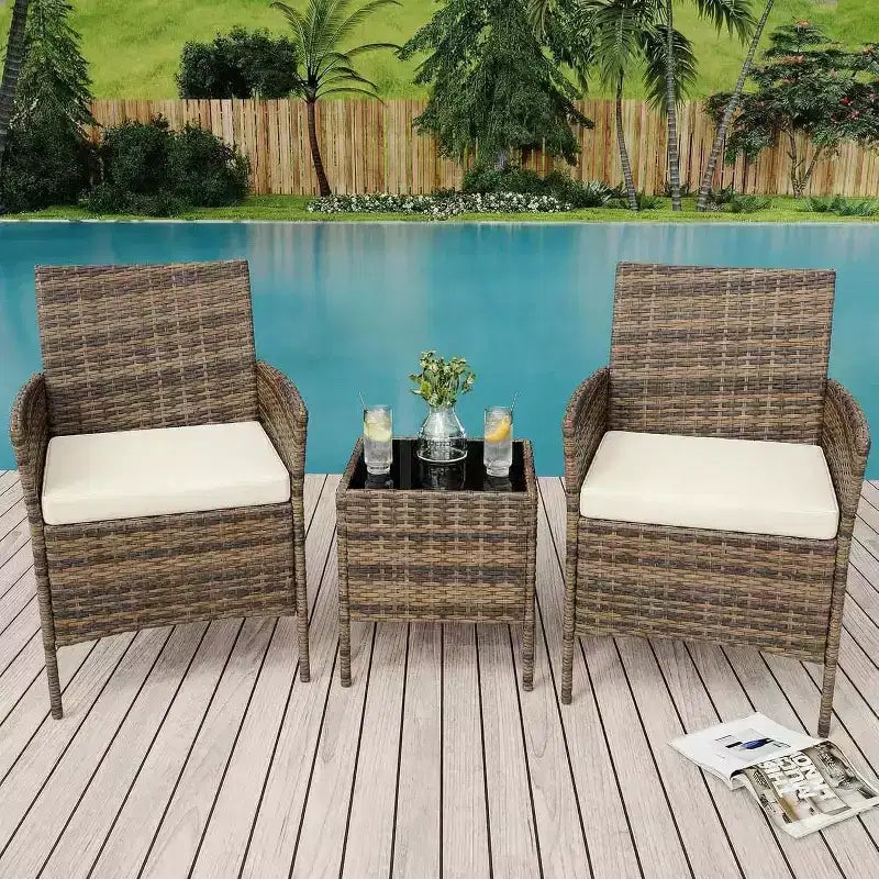 Ensemble de 3 meubles de patio extérieur, chaises en rotin PE avec coussins moelleux et table basse en verre trempé, ensemble de patio toutes saisons