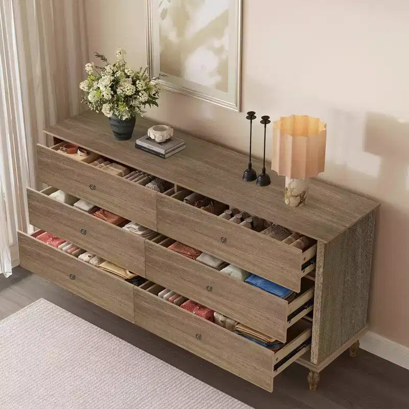 GDFStudio Bashir Armoire de rangement moderne de 160 cm en bois avec 6 tiroirs et poignées en cuivre
