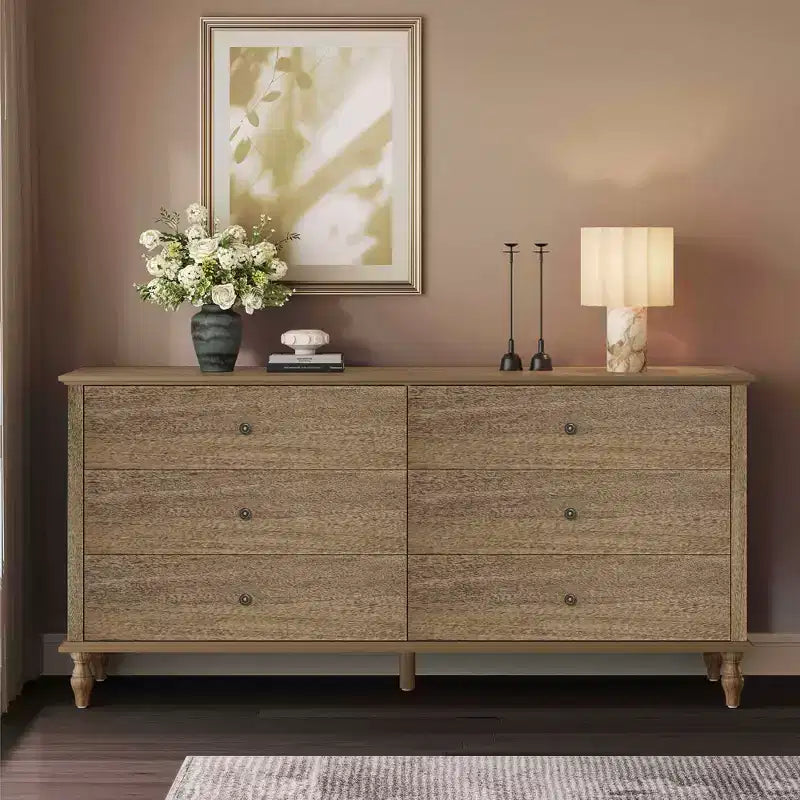 GDFStudio Bashir Armoire de rangement moderne de 160 cm en bois avec 6 tiroirs et poignées en cuivre