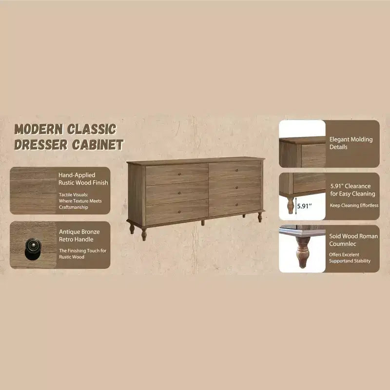 GDFStudio Bashir Armoire de rangement moderne de 160 cm en bois avec 6 tiroirs et poignées en cuivre