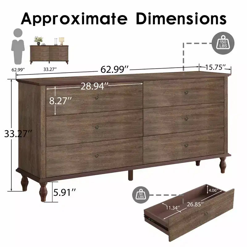 GDFStudio Bashir Armoire de rangement moderne de 160 cm en bois avec 6 tiroirs et poignées en cuivre