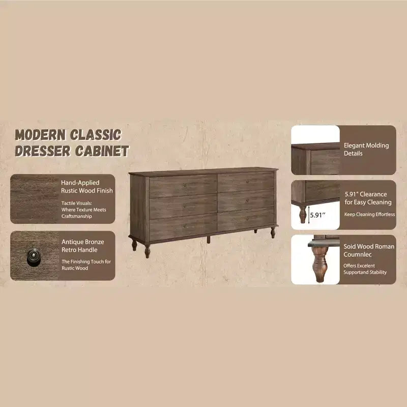 GDFStudio Bashir Armoire de rangement moderne de 160 cm en bois avec 6 tiroirs et poignées en cuivre