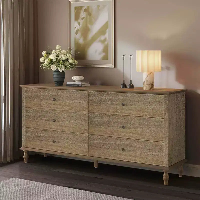 GDFStudio Bashir Armoire de rangement moderne de 160 cm en bois avec 6 tiroirs et poignées en cuivre