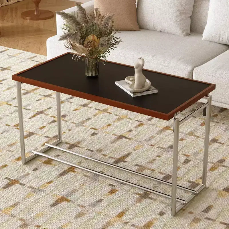 Table basse industrielle moderne du milieu du siècle 50 - Cadre métallique réglable à double hauteur avec plateau finition noyer - Noir/Chrome Gaoyangjiaju