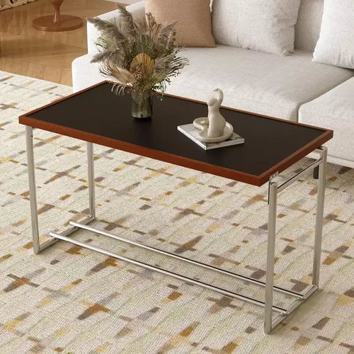 Table basse industrielle moderne du milieu du siècle 50 - Cadre métallique réglable à double hauteur avec plateau finition noyer - Noir/Chrome Gaoyangjiaju