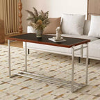 Table basse industrielle moderne du milieu du siècle 50 - Cadre métallique réglable à double hauteur avec plateau finition noyer - Noir/Chrome Gaoyangjiaju
