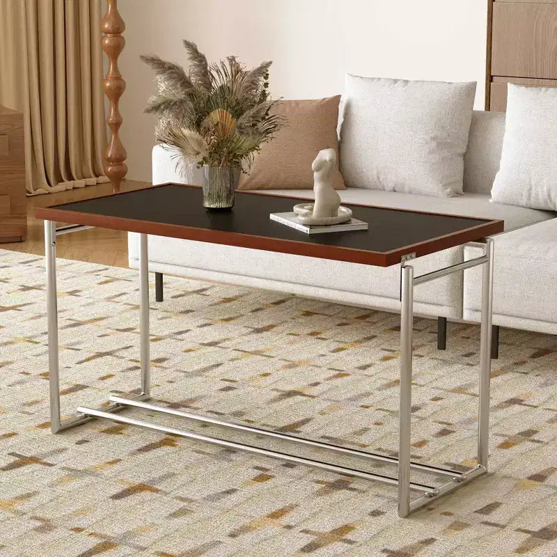 Table basse industrielle moderne du milieu du siècle 50 - Cadre métallique réglable à double hauteur avec plateau finition noyer - Noir/Chrome Gaoyangjiaju