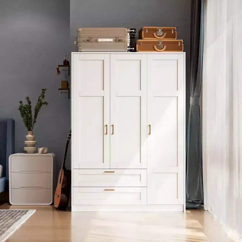 Armoire penderie en bois à 3 portes avec 2 tiroirs, armoire penderie moderne avec portes et étagères, placard de rangement pour vêtements.