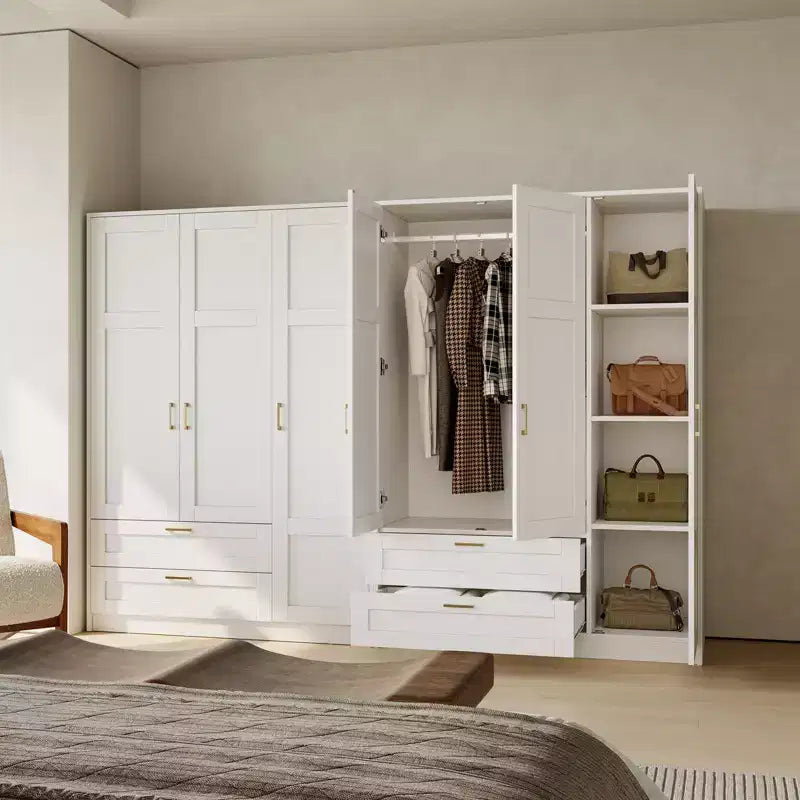 Armoire penderie en bois à 3 portes avec 2 tiroirs, armoire penderie moderne avec portes et étagères, placard de rangement pour vêtements.