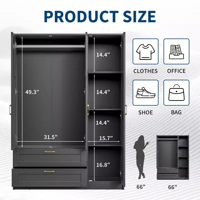 Armoire penderie en bois à 3 portes avec 2 tiroirs, armoire penderie moderne avec portes et étagères, placard de rangement pour vêtements.