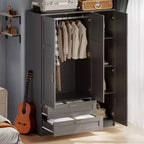 Armoire penderie en bois à 3 portes avec 2 tiroirs, armoire penderie moderne avec portes et étagères, placard de rangement pour vêtements.