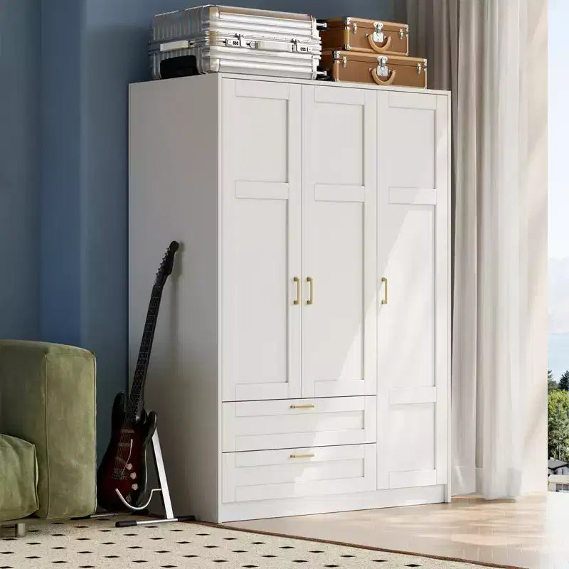 Armoire penderie en bois à 3 portes avec 2 tiroirs, armoire penderie moderne avec portes et étagères, placard de rangement pour vêtements.
