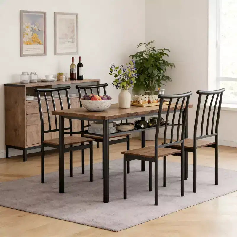 Ensemble table de salle à manger moderne 5 pièces pour 4 personnes, table de cuisine bois et métal avec étagère de rangement et 4 chaises, peu encombrant pour coin repas