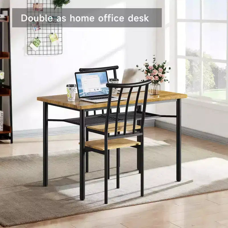 Ensemble table de salle à manger moderne 5 pièces pour 4 personnes, table de cuisine bois et métal avec étagère de rangement et 4 chaises, peu encombrant pour coin repas