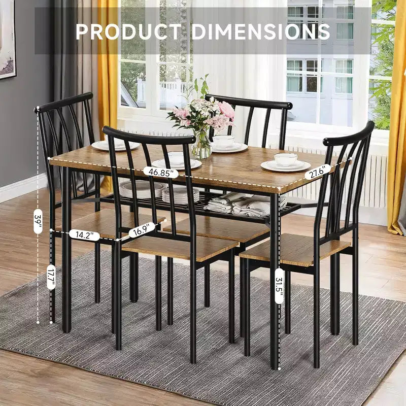 Ensemble table de salle à manger moderne 5 pièces pour 4 personnes, table de cuisine bois et métal avec étagère de rangement et 4 chaises, peu encombrant pour coin repas