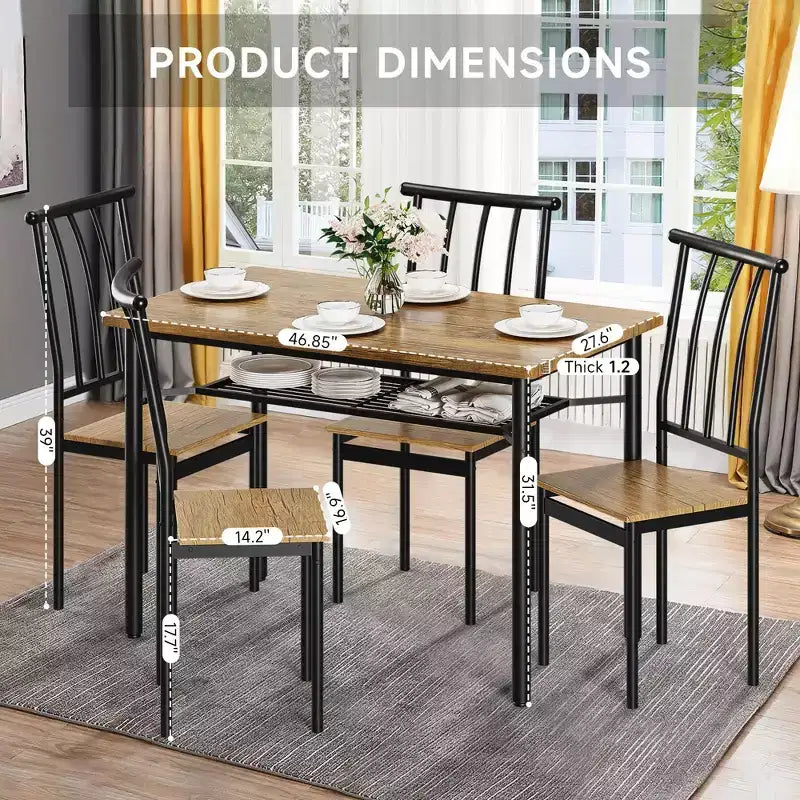 Ensemble table de salle à manger moderne 5 pièces pour 4 personnes, table de cuisine bois et métal avec étagère de rangement et 4 chaises, peu encombrant pour coin repas