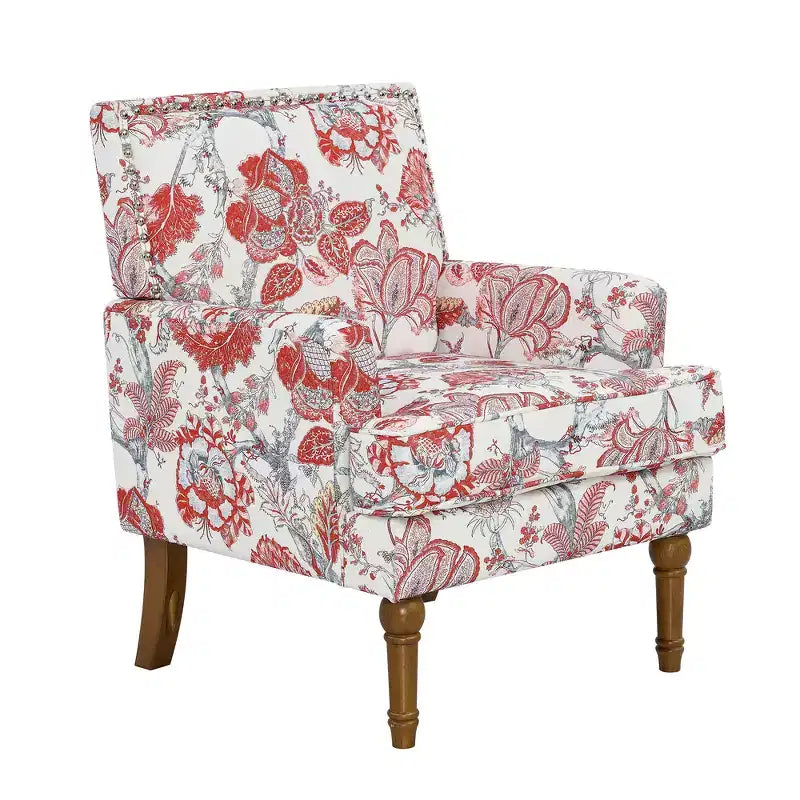 Fauteuil d'appoint Zeus & Ruta en tissu fleuri avec clous décoratifs, pieds en bois massif