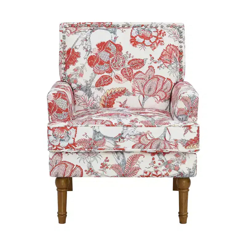 Fauteuil d'appoint Zeus & Ruta en tissu fleuri avec clous décoratifs, pieds en bois massif