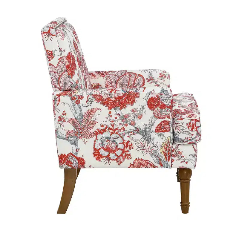 Fauteuil d'appoint Zeus & Ruta en tissu fleuri avec clous décoratifs, pieds en bois massif