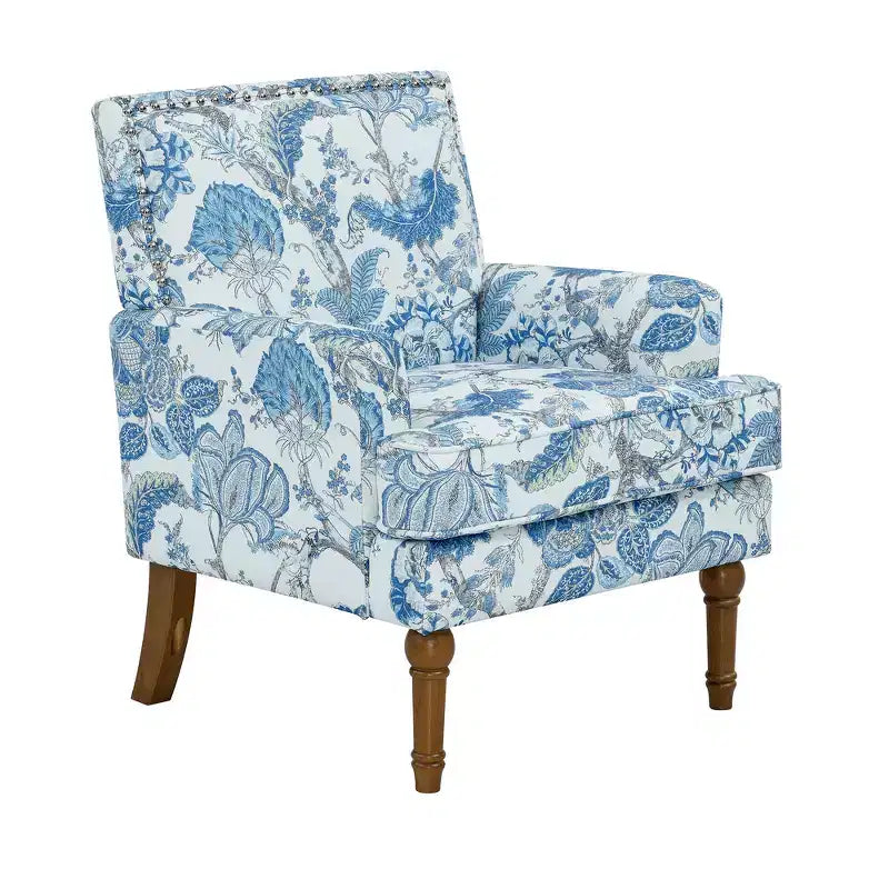 Fauteuil d'appoint Zeus & Ruta en tissu fleuri avec clous décoratifs, pieds en bois massif