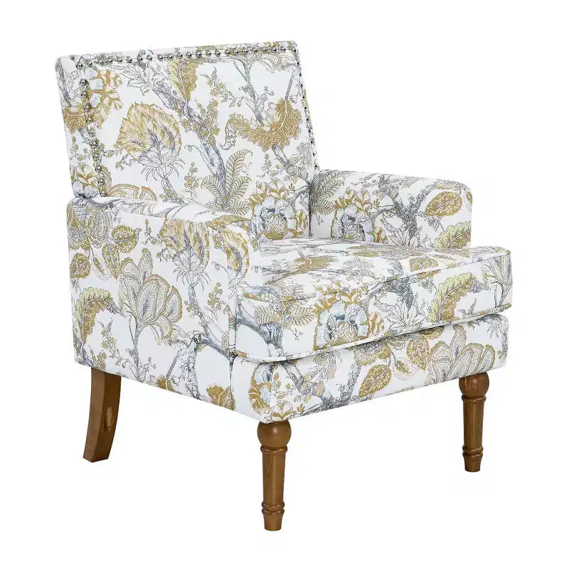 Fauteuil d'appoint Zeus & Ruta en tissu fleuri avec clous décoratifs, pieds en bois massif
